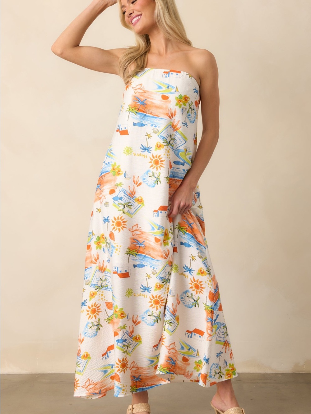 Red Dress Boutique Strapless White Maxi Dress with Orange & Blue Tropical Print